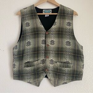 Vintage shadow plaid patterned button down vest, light green, XL